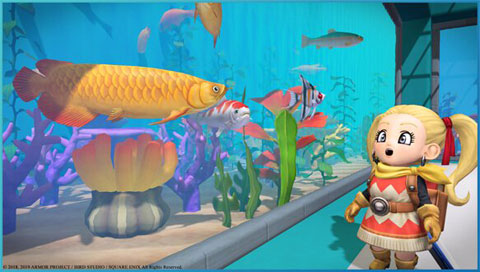   the female character with blonde hair amazed by fishes in glass tank in aquarium 